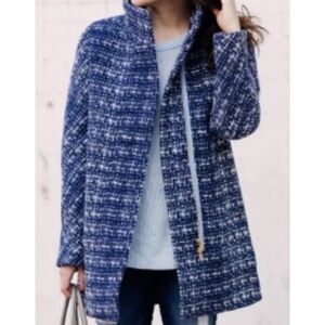 J. Crew Factory Tweed City Coat in Blue & White Wool Blend Size 14